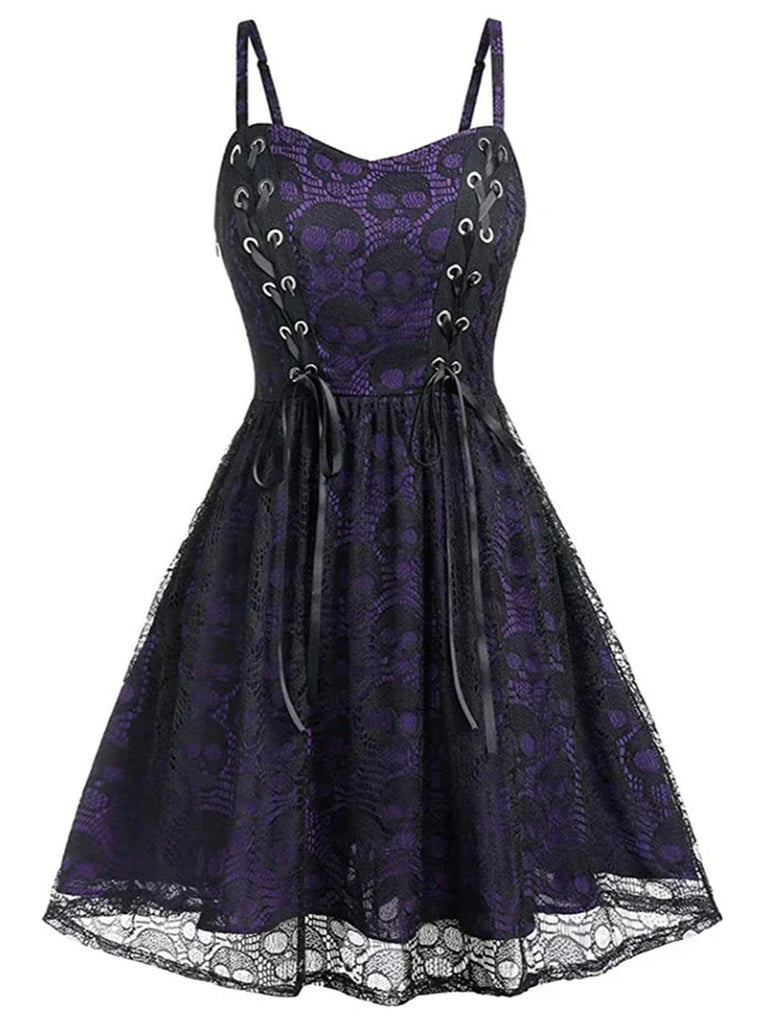 Black 1980s Skull Pattern Gothic Style Dress