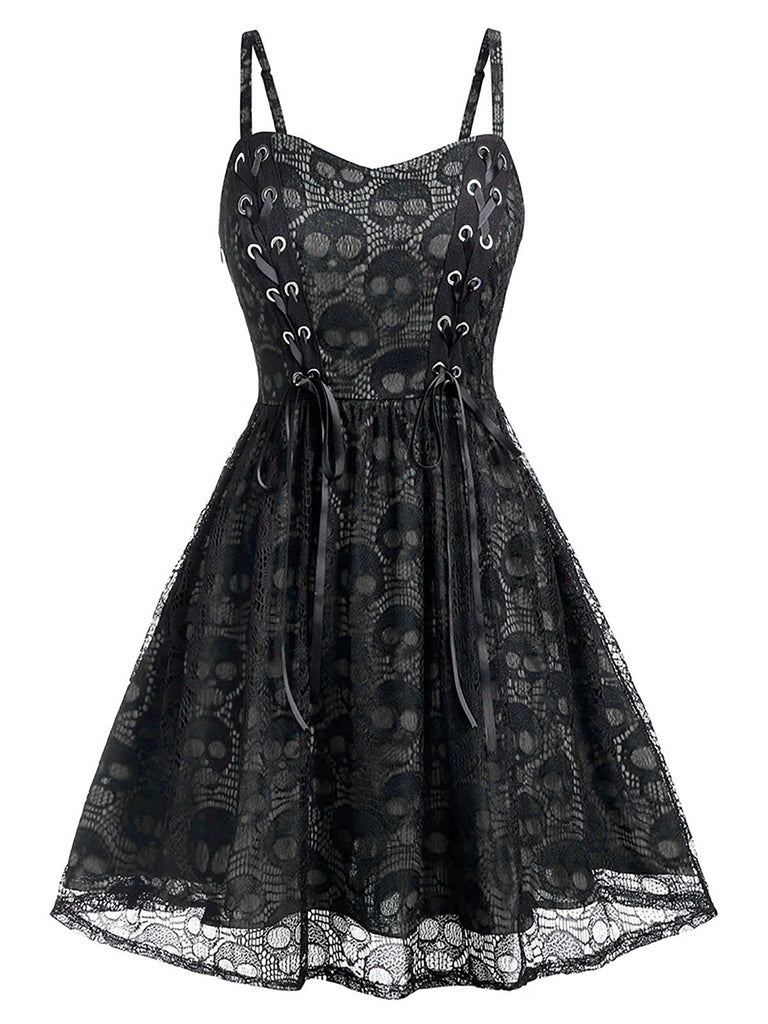 Blue 1980s Skull Pattern Gothic Style Dress