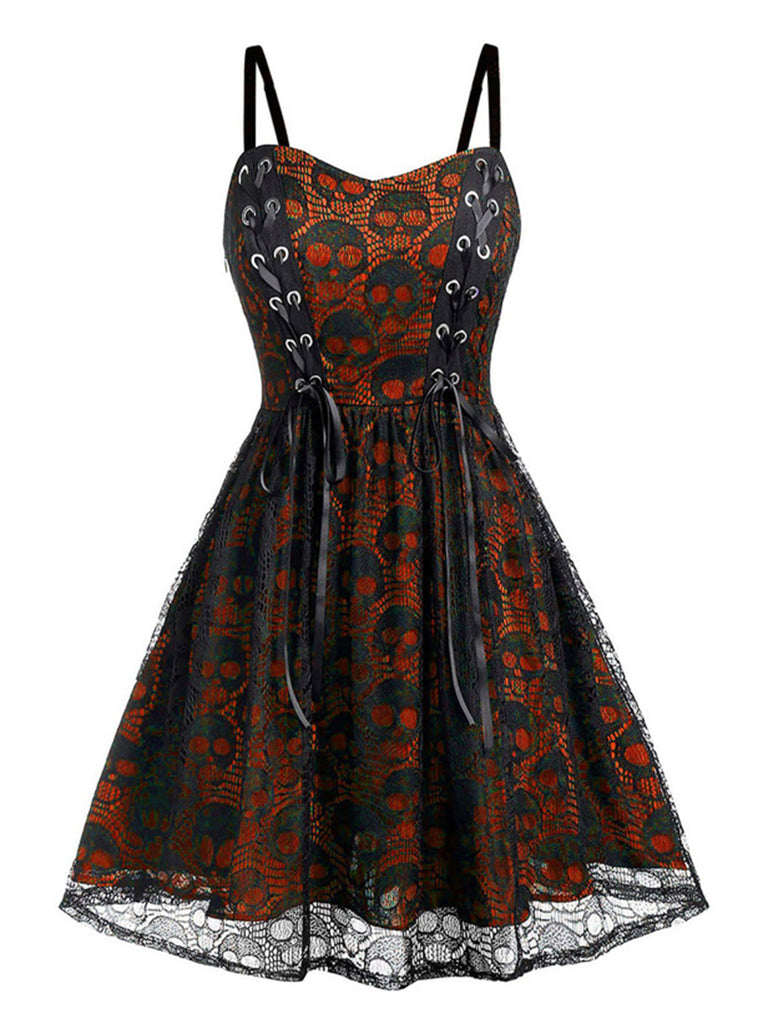 Black 1980s Skull Pattern Gothic Style Dress