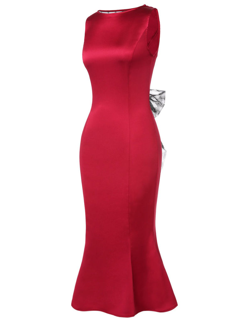 Deep Red 1930s Solid Bow Decor Fishtail Dress