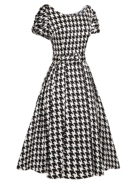 Black 1950s Houndstooth Short Sleeve Belted Dress | Retro Stage