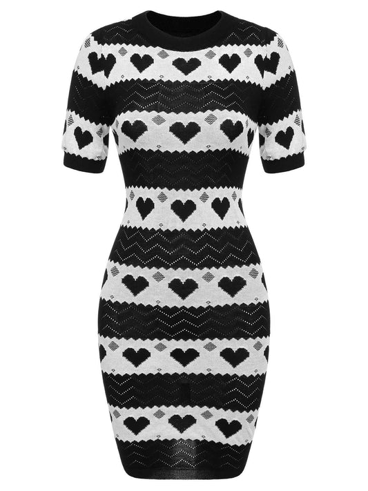 Black 1960s Contrasting Heart Knitting Dress