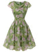 Green 1960s Oil-Painting Rose Dress