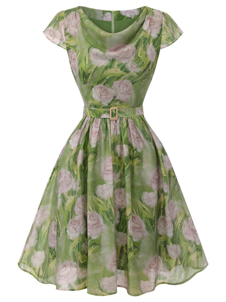 Green 1960s Oil-Painting Rose Dress | Retro Stage