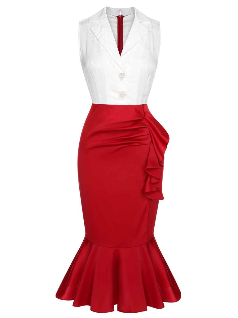 Red & White 1930s Sleeveless Slit Fishtail Dress | Retro Stage