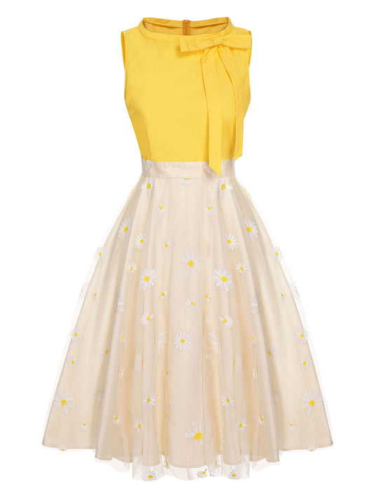 Yellow 1950s Daisy Bowtie Patchwork Dress