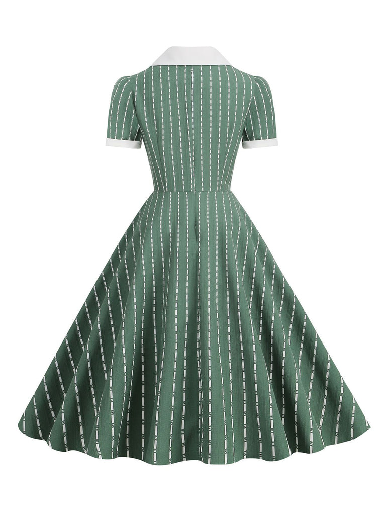 1950s Lapel Vertical Stripes Swing Dress