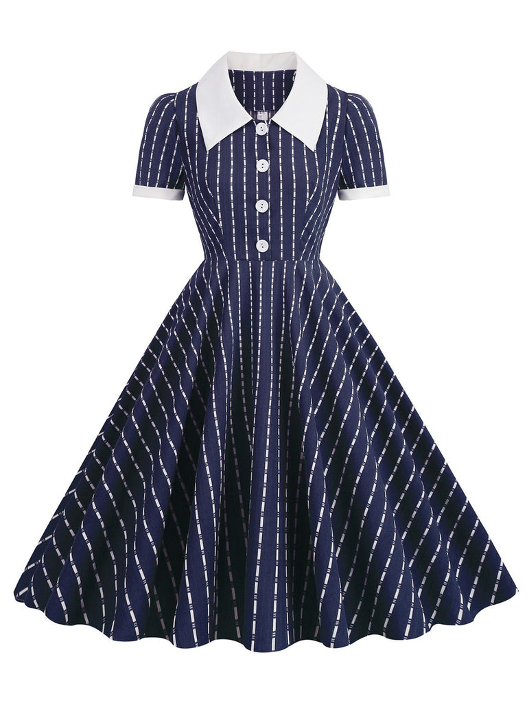 1950s Lapel Vertical Stripes Swing Dress