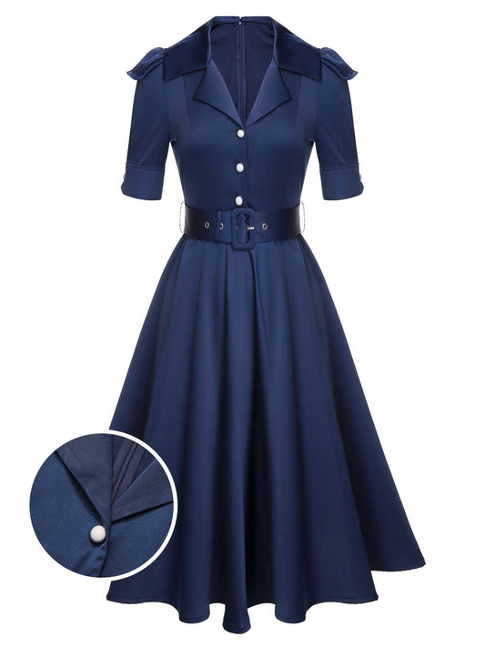 Blue 1940s Solid Short Sleeves Lapel Dress