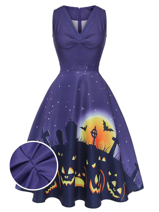 Deep Purple 1950s Halloween V-Neck Swing Dress