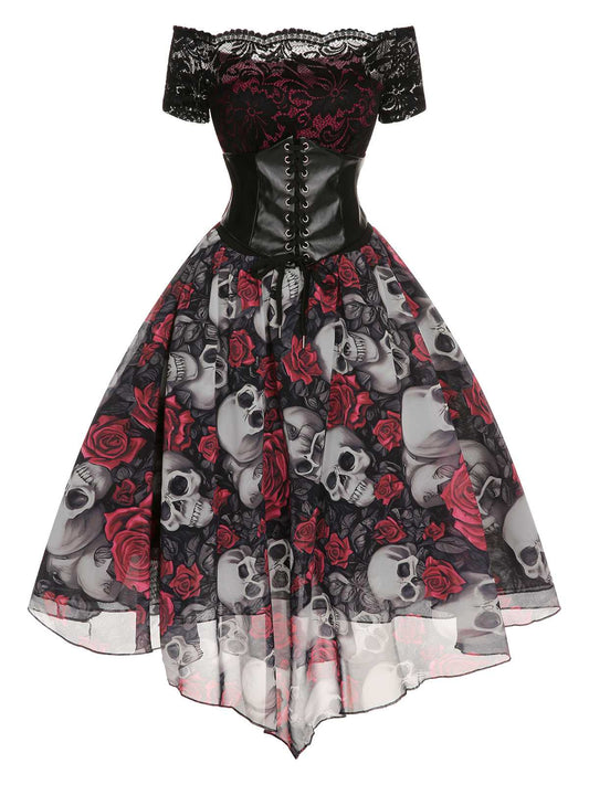 1950s Halloween Skull Rose Lace Mesh Dress