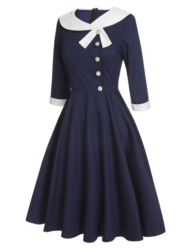 Dark Blue 1950s Lapel Patchwork Dress