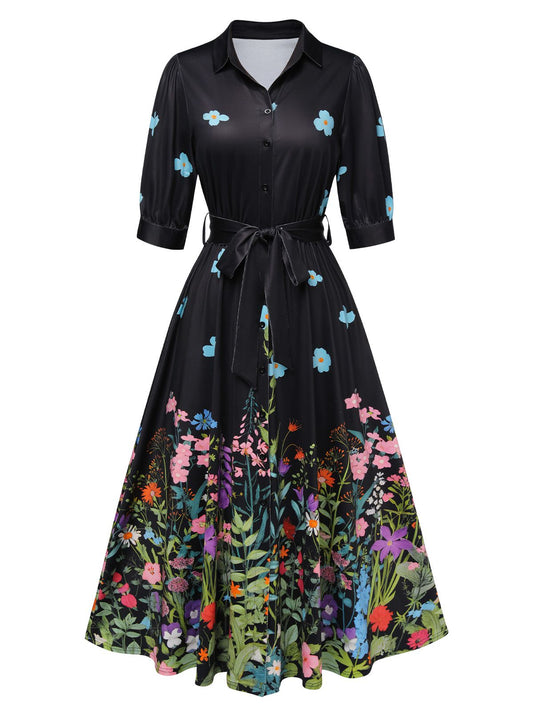 Black 1940s Floral Shirt Neck Belt Dress