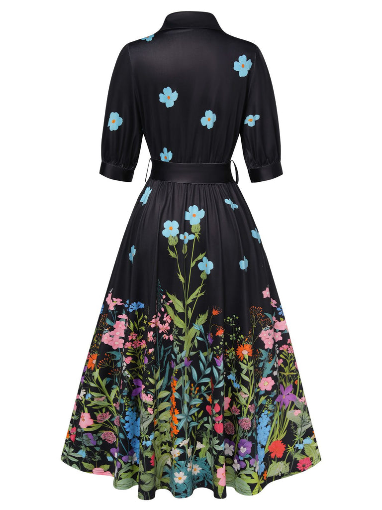 Light Blue 1940s Floral Shirt Neck Belt Dress | Retro Stage