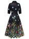 Black 1940s Floral Shirt Neck Belt Dress