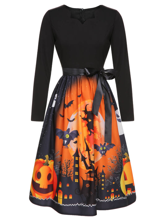 1950s Black Halloween Long Sleeve Swing Dress