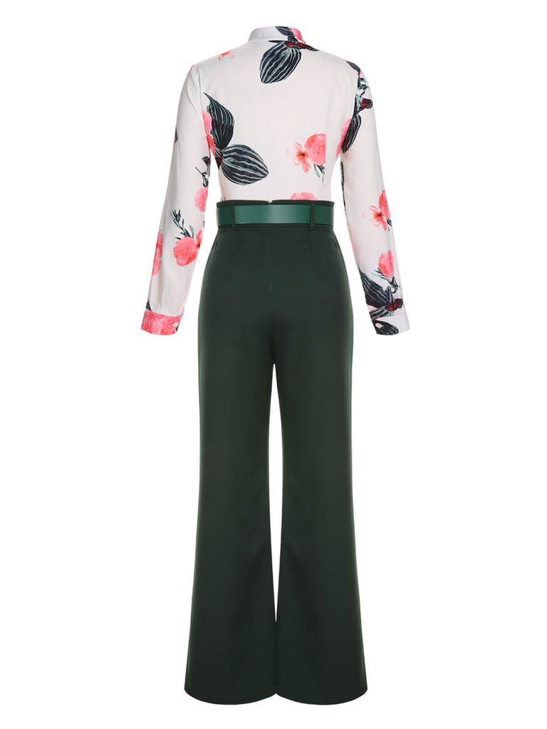 2PCS 1930s Floral Blouse & Green Wideleg Pants | Retro Stage