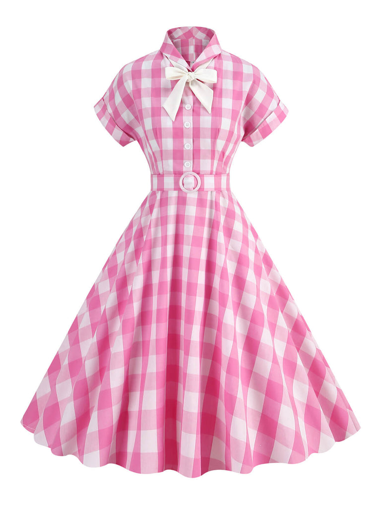 1950s Plaid Bow Lapel Swing Dress