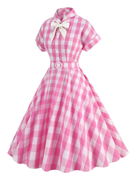 1950s Plaid Bow Lapel Swing Dress | Retro Stage