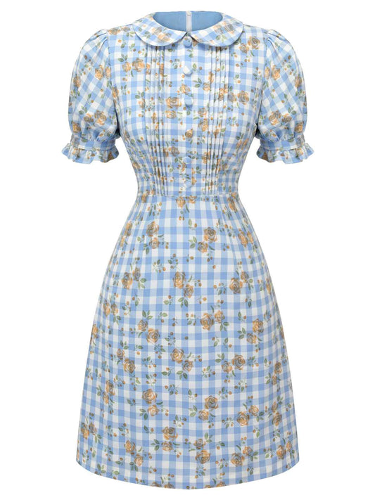 Blue 1960s Puff Sleeve Floral Plaid Dress