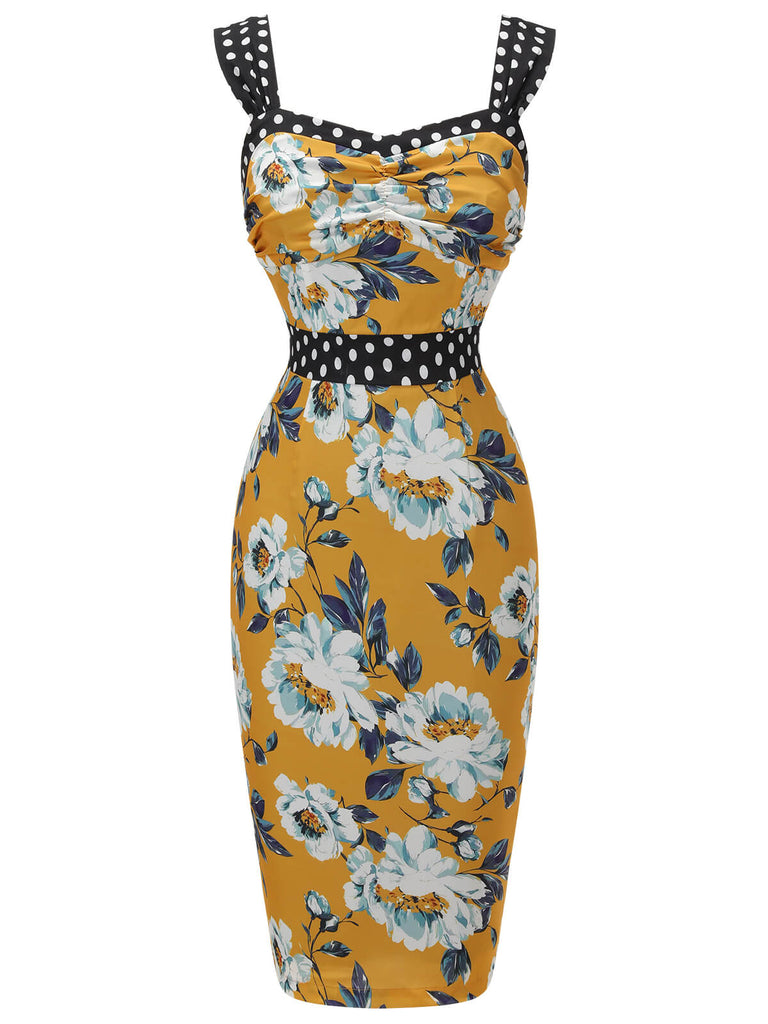 Yellow 1950s Florale Dots Patchwork Pencil Dress