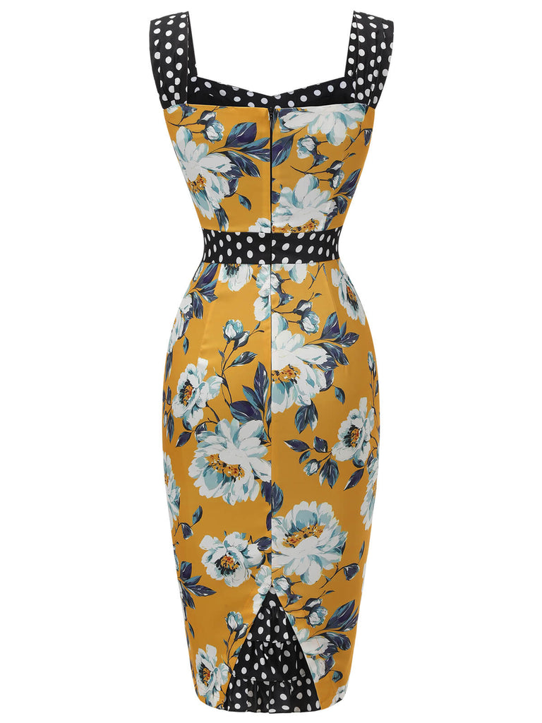 Yellow 1950s Florale Dots Patchwork Pencil Dress