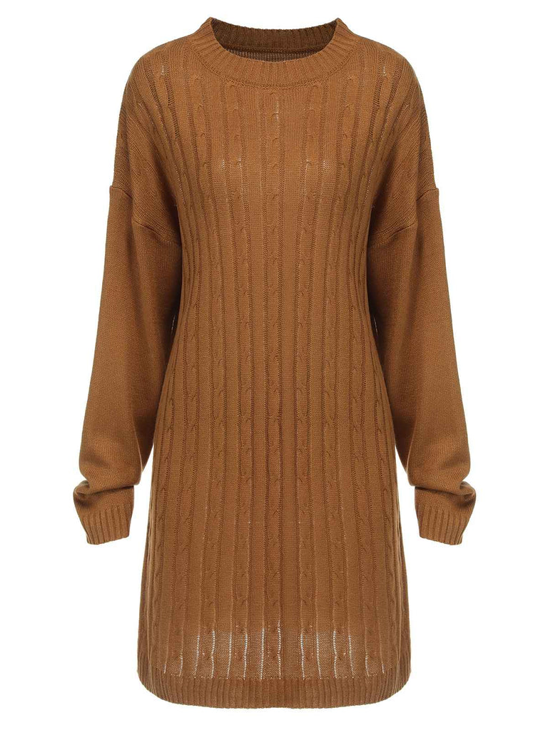 Brown 1940s Solid Hemp Pattern Sweater Dress