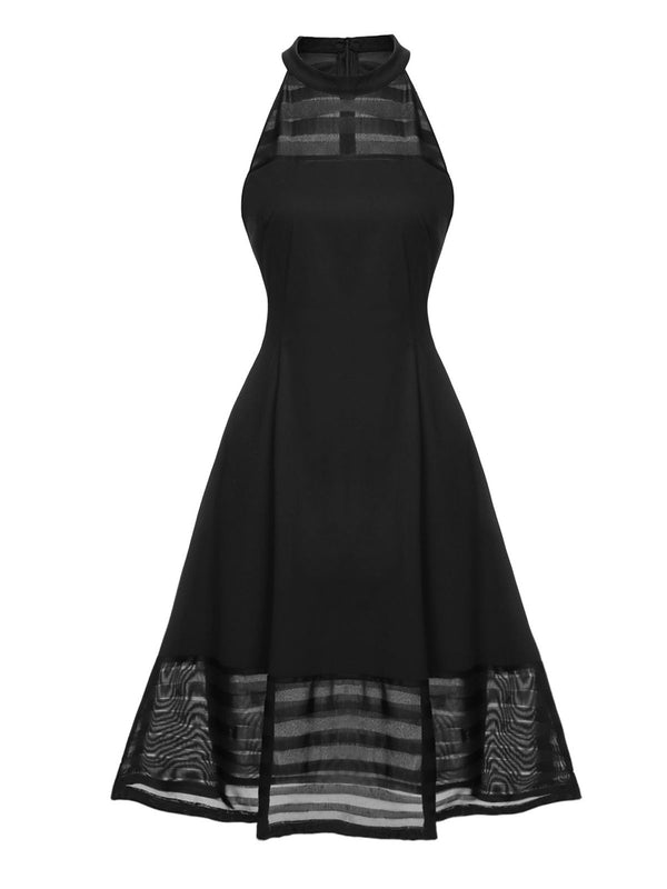 Women's Vintage A-Line High Neck Sleeveless Tiered Midi Dress Black,XL