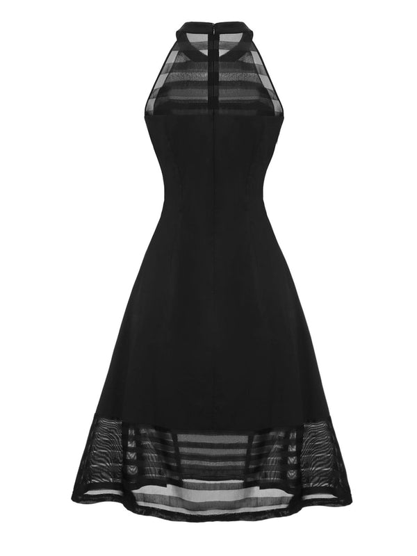 Women's Vintage A-Line High Neck Sleeveless Tiered Midi Dress Black,XL