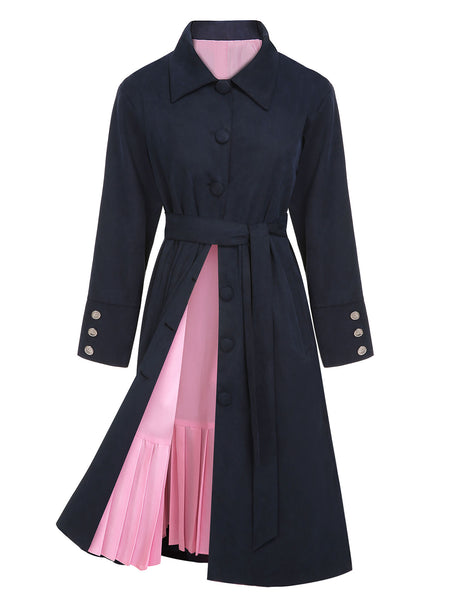 Dark Blue 1950s Solid Belted Coat | Retro Stage