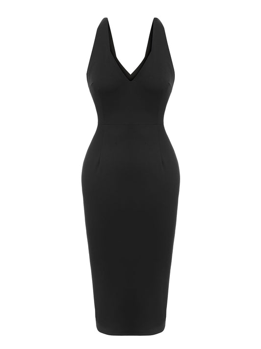 Black 1960s V-Neck Solid Bodycon Dress