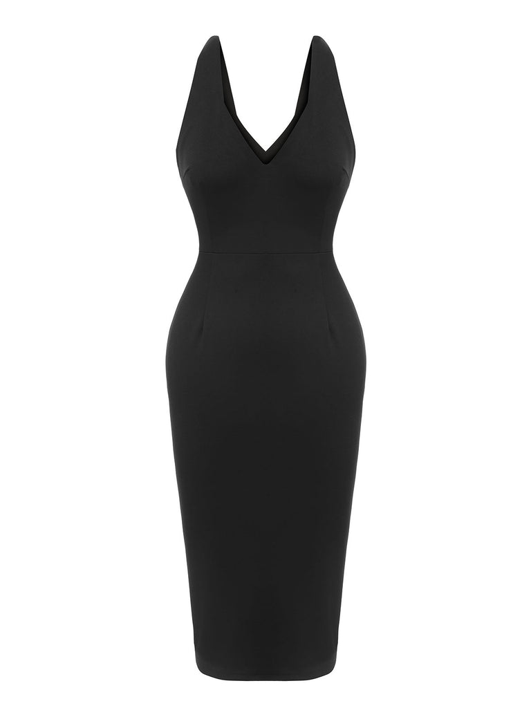 Black 1960s V-Neck Solid Bodycon Dress