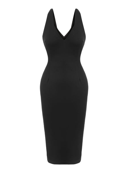 Black 1960s V-Neck Solid Bodycon Dress | Retro Stage