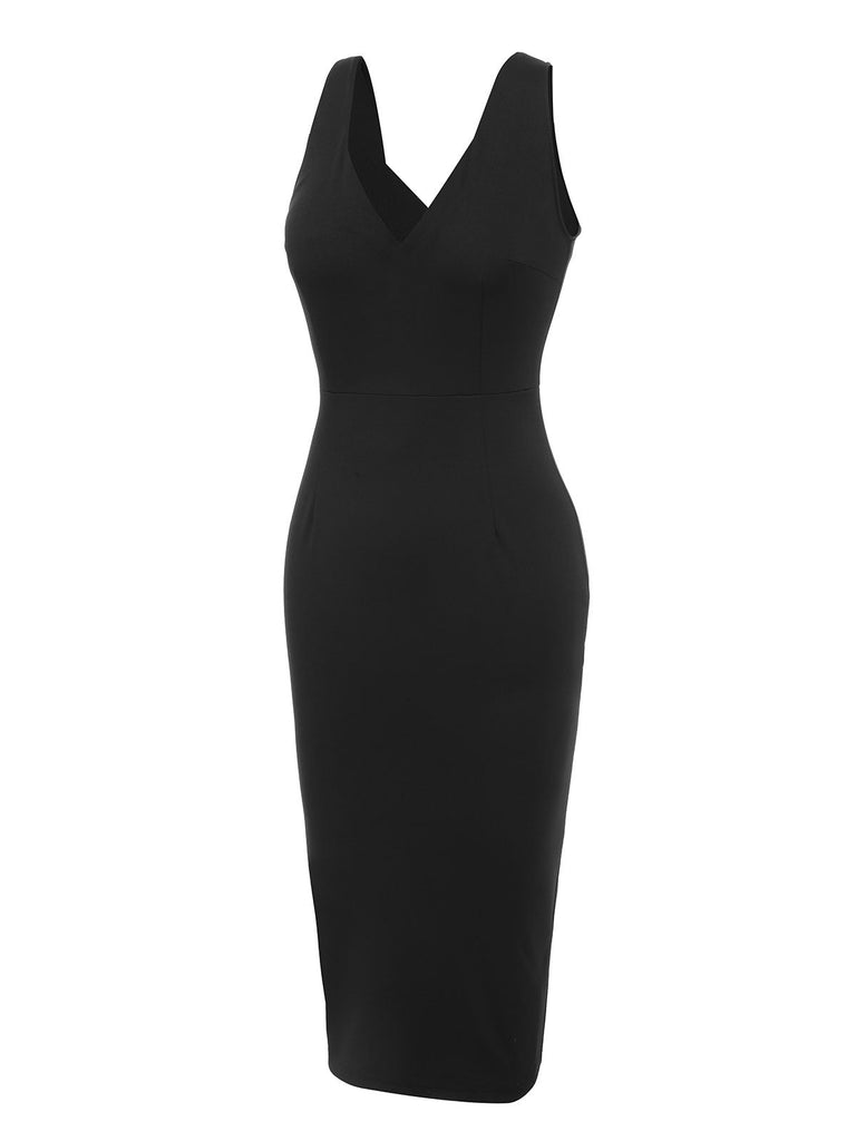 Black 1960s V-Neck Solid Bodycon Dress