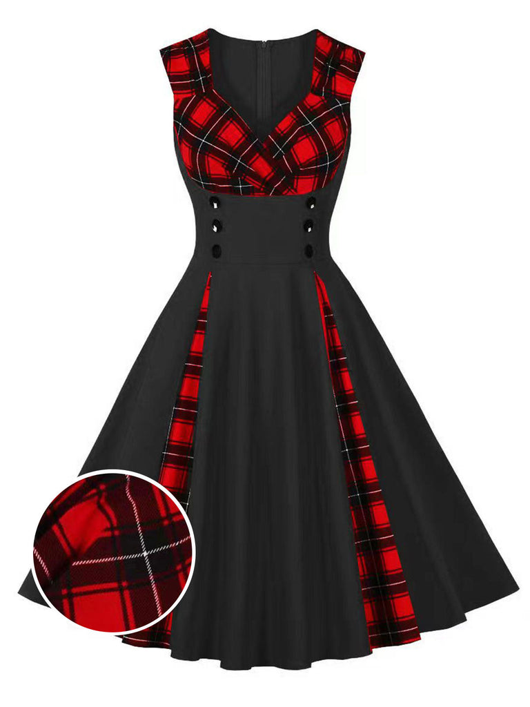 Red & Black 1950s Plaid V-Neck Dress