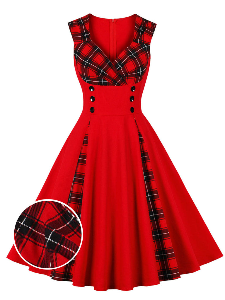 Red & Black 1950s Plaid V-Neck Dress