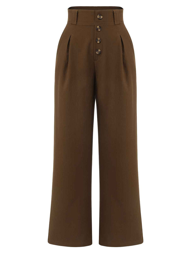 Dark Brown 1930s Buttoned Solid Shift Pants