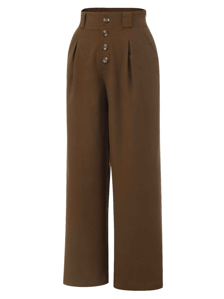 Dark Brown 1930s Buttoned Solid Shift Pants