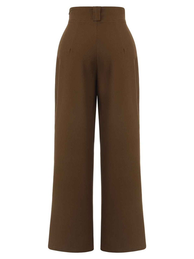 Dark Brown 1930s Buttoned Solid Shift Pants