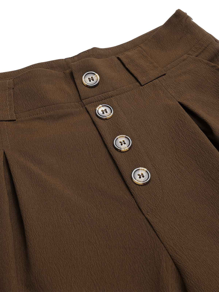 Dark Brown 1930s Buttoned Solid Shift Pants