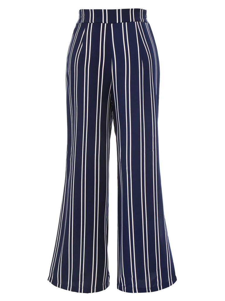 Navy Blue 1940s Stripes Wide-Leg Pants