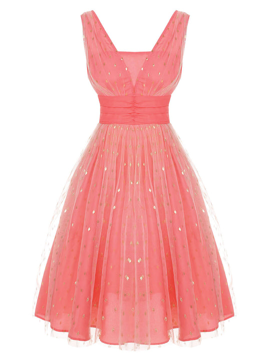 Coral Pink 1950s V-Neck Sequin Dress