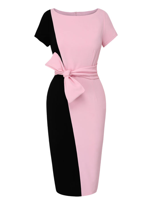 Black & Pink 1960s Boat Neck Contrast Belted Dress