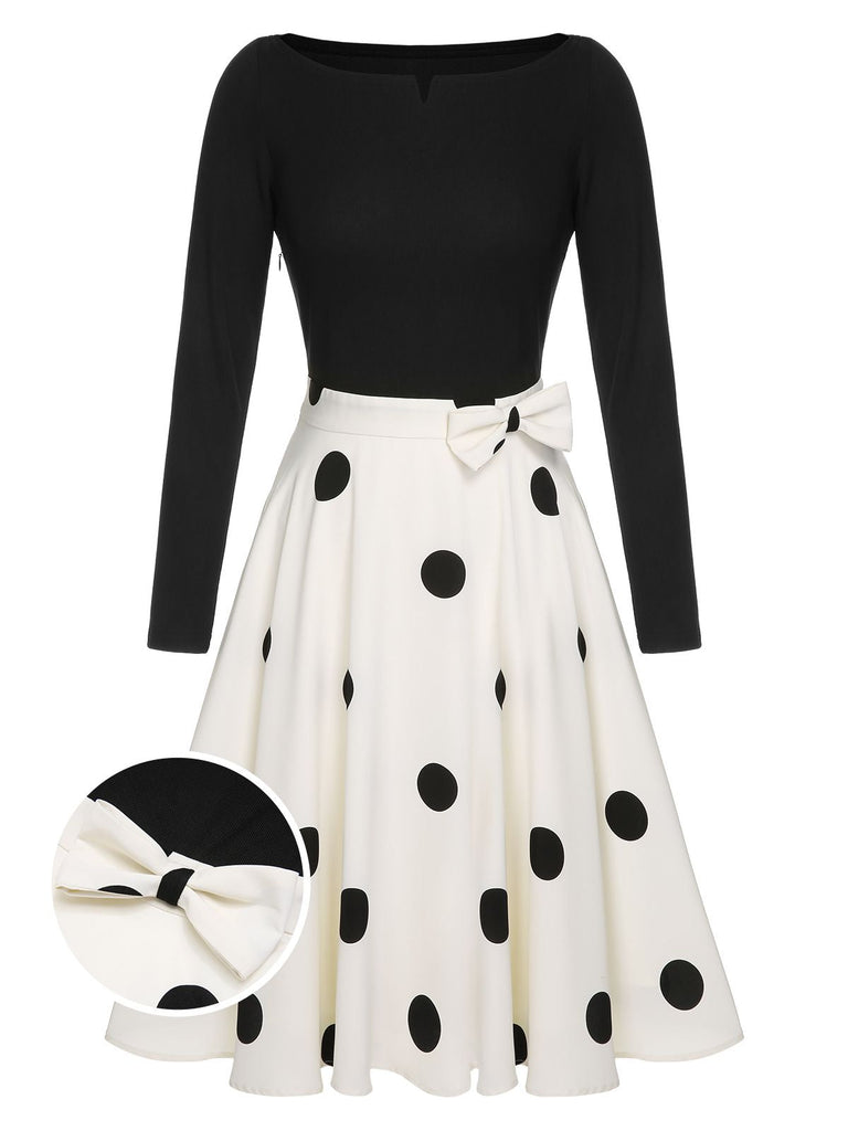 Black 1950s Polka Dot Bow Patchwork Knitted Dress