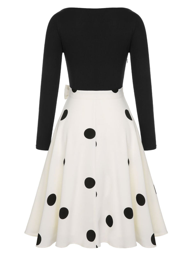 Black 1950s Polka Dot Bow Patchwork Knitted Dress