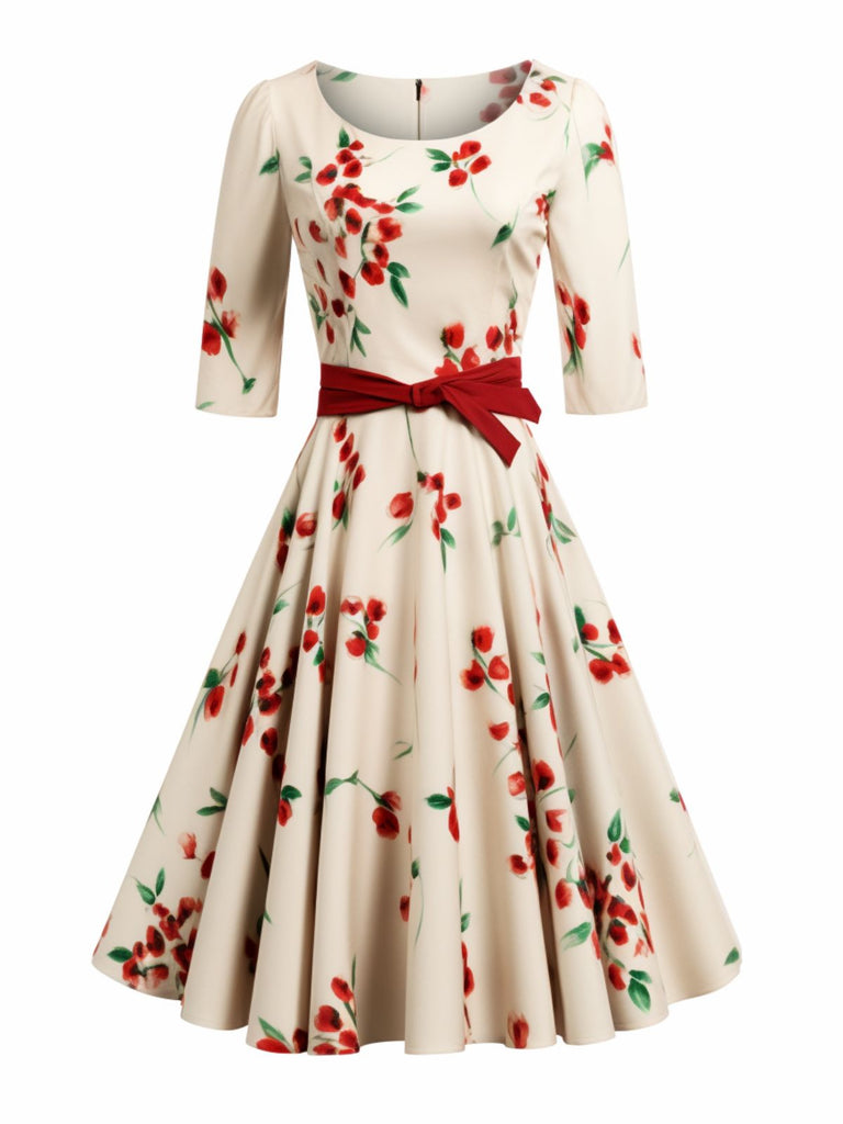 Beige 1950s Floral Half Sleeve Belted Dress