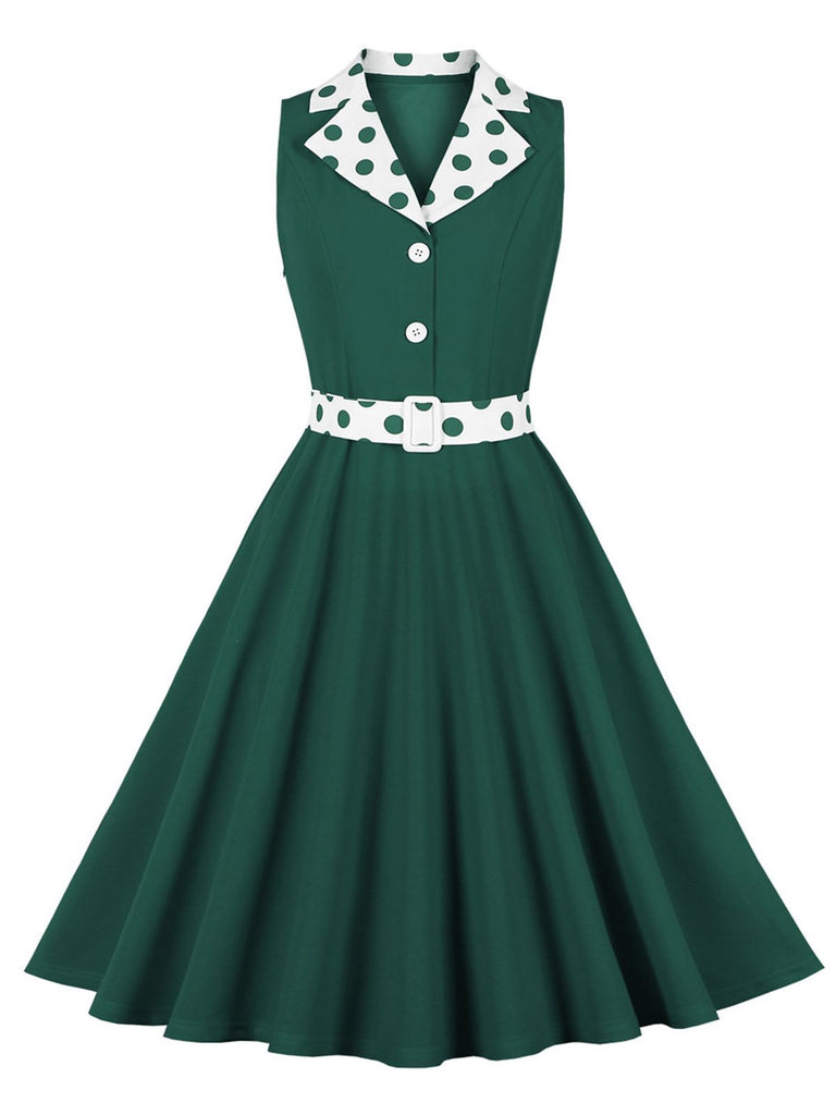 1950s Lapel Polka Dots Sleeveless Belted Dress