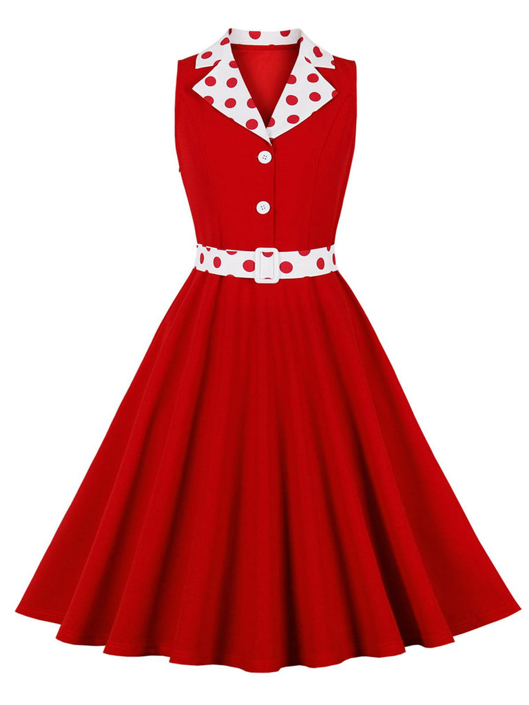 1950s Lapel Polka Dots Sleeveless Belted Dress