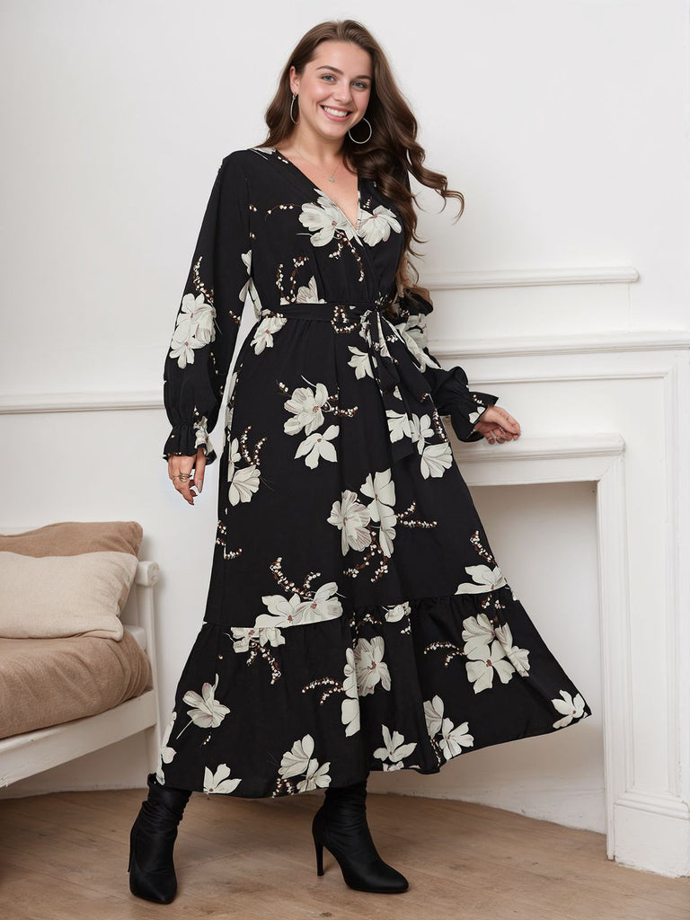 Plus Size] Black 1930s V-Neck Floral Lace-Up Dress