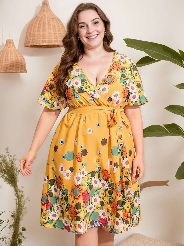 [Plus Size] Yellow 1950s V-Neck Belted Floral Dress | Retro Stage